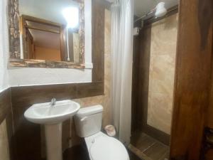 a bathroom with a toilet and a sink and a mirror at Hostería La Cabaña in Machachi