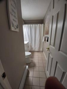 een kleine badkamer met een toilet en een raam bij Spacious Condo Walking distance to Weirs in Laconia