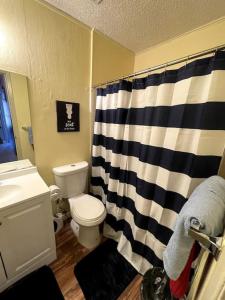 La salle de bains est pourvue de toilettes et d'un rideau de douche noir et blanc. dans l'établissement New! Fun just 20 min from Dallas 3-BRM Home, à Garland