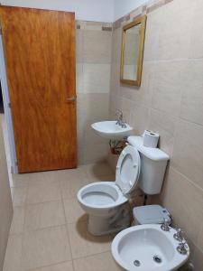 La salle de bains est pourvue de toilettes et d'un lavabo. dans l'établissement DEPARTAMENTO CON COCHERA ( COMPLEJO FRENCH ), à La Rioja