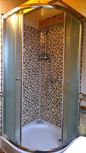 a shower with a glass door in a bathroom at Chalupka na Orave in Dolný Kubín