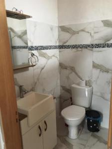 Un baño con un inodoro blanco y un lavabo. en N6-CASA CÉNTRICA 2 DORMITORIOS Con AIRE ACONDICIONADO, en Artigas