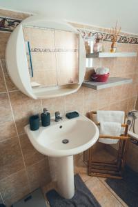 uma casa de banho com um lavatório branco e um espelho. em Le Coin d'Azur em Petite Île