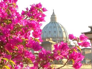 um ramo de flores cor-de-rosa em frente a uma cúpula em Hotel dei Consoli Vaticano em Roma