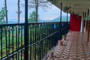a black fence with potted plants on a walkway at Sunrise View Homestay in Kasauli