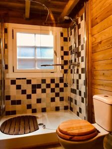 een badkamer met een toilet en een bad met een raam bij Tiny House Andersom Anders in Bad-Nieuweschans