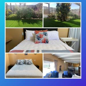 eine Collage mit Bildern eines Schlafzimmers und eines Bettes in der Unterkunft Sailors cottage in Paternoster