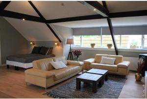 a living room with a bed and a couch and chairs at BNBSpanbroek in Spanbroek