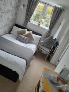 a bedroom with a bed and a chair and a window at Debonair bnb @33 in Bromsgrove