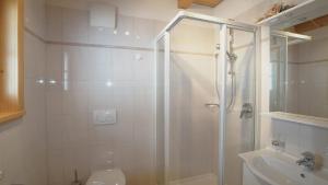 a bathroom with a shower and a toilet and a sink at Ferienwohnung Maiernhof Bauernhof Ultental in San Pancrazio dʼUltimo +13 photos