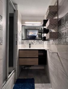 une salle de bain avec un lavabo et un miroir dans l'établissement Belle vue, T2 Mezzanine vue port, 50 m de la plage de la conque, au Cap d'Agde 7 autres photos