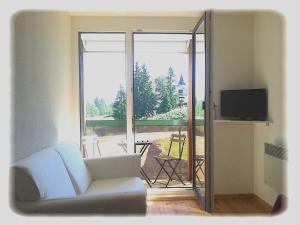 a living room with a white couch and a sliding glass door at Le Cernois -Centrre du village - pistes de luge, ski fond, patinoire, commerces à 100m in Prémanon