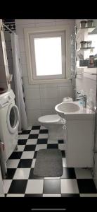 La salle de bains est pourvue d'un lavabo, de toilettes et d'une fenêtre. dans l'établissement Videvägen 3, à Sölvesborg