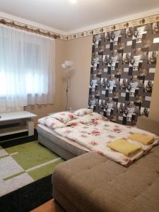 Un dormitorio con una cama grande y una ventana en Margit Apartman, en Hajdúszoboszló
