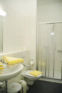 a bathroom with a shower and a toilet and a sink at Ferienhaus Pauls Ferienhaus Pauls, Whg 03 in Norderney