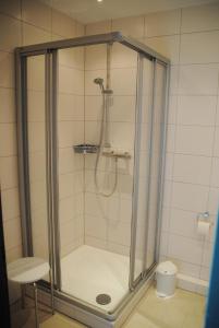 a shower with a glass door in a bathroom at Alte Teestube Alte Teestube 14 in Norderney
