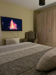 1 dormitorio con 1 cama y TV de pantalla plana en La Playina, en Cangas de Onís