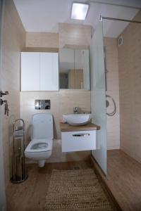 a bathroom with a toilet and a sink and a mirror at Apartament CENTRAL in Târgu Jiu