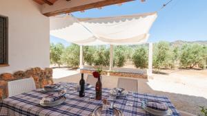 a table with a blue plaid table cloth and wine bottles at Molino de Peralta Pozo Alcón by Ruralidays in Pozo Alcón
