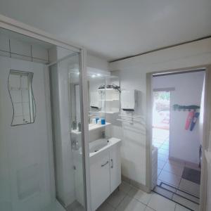 La salle de bains blanche est pourvue d'un lavabo et d'une douche. dans l'établissement Fréjus centre, à Fréjus