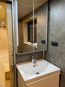 ein Bad mit einem Waschbecken und einem Spiegel in der Unterkunft Modernt Attefallshus in Ängelholm