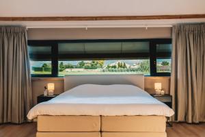 a bedroom with a large bed and a large window at Wellness Bed & Breakfast by Leef in Maasland