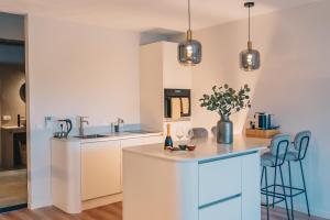 a kitchen with white cabinets and blue accents at Wellness Bed & Breakfast by Leef in Maasland