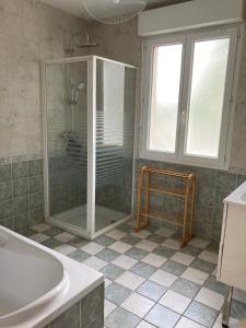 a bathroom with a shower and a sink at Gîte "le haut des Poujades" in Reilhaguet +37 photos