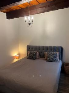 a bedroom with a large bed with a chandelier at Tiltų 5 Apartment in Klaipėda