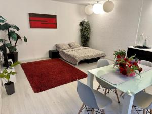 a living room with a couch and a red rug at Apartament in centrul Clujului in Cluj-Napoca