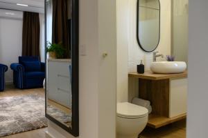 bagno con servizi igienici, lavandino e specchio di Hotel Vila Discret a Satu Mare