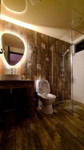 a bathroom with a toilet and a sink and a mirror at Kheta Apartments Kazbegi in Stepantsminda +24 photos