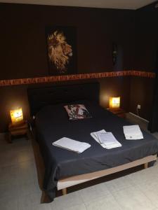 een slaapkamer met een bed met handdoeken erop bij Domaine de la Borde in Damparis