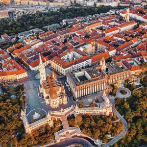 an aerial view of a city with a building at Premium Buda Castle Apartment in Budapest