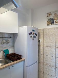 a white refrigerator in a kitchen next to a sink at Royal Studio National Arena - Free Parking in Bucharest