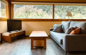 a living room with a couch and a tv and a table at Els Apartaments del bosc in Ribes de Freser