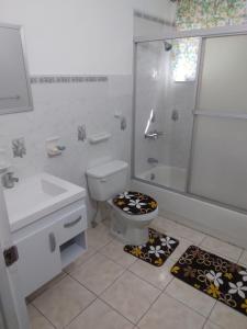 a bathroom with a toilet and a shower and a sink at A Piece of Paradise in Santa Cruz +3 photos