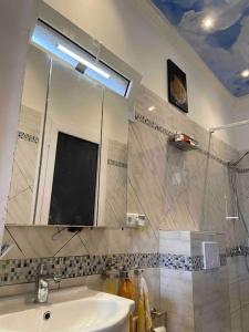 a bathroom with a sink and a shower and a mirror at Appartement Altona in Lomé