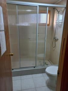 uma casa de banho com um chuveiro e um WC. em Cabañas Frange em Puerto Natales