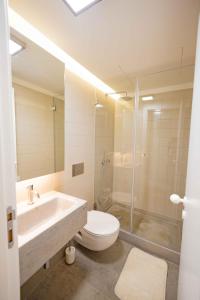 een badkamer met een wastafel, een toilet en een douche bij New Lisbon Center Apartment in Lissabon