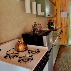 a kitchen with a stove with a tea kettle on it at High Falls Motel & Cabins in Wawa