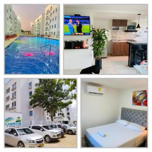un collage de fotos de un apartamento con piscina en Apartamento Exclusivo - Caribe Campestre Coveñas, en Coveñas