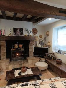 sala de estar con chimenea y TV en Chaumière avec sa toiture recouverte de chaume !!!, en Donnemain-Saint-Mamès