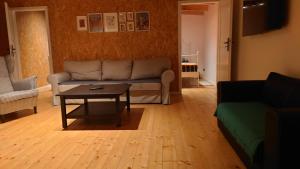 uma sala de estar com um sofá e uma mesa de centro em Apartamenty STONEHENGE em Sosnowiec