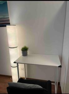 Una mesa blanca con una planta en una habitación en Ferienwohnung Emperors Baths - Cozy Modern Studio Apartments, en Trier
