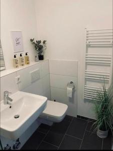 uma casa de banho com um lavatório branco e um WC. em Ferienwohnung Emperors Baths - Cozy Modern Studio Apartments em Trier