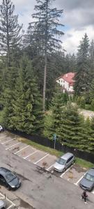 um parque de estacionamento com carros estacionados em frente às árvores em Montana Luxury Apartment with a View em Poiana Brasov