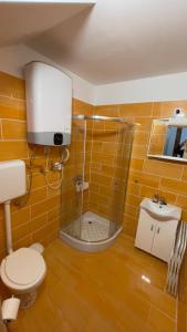W łazience znajduje się prysznic, toaleta i umywalka. w obiekcie Happy Day Vendégház w mieście Kétbodony