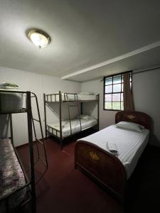 a bedroom with two bunk beds and a window at La Casa de Doña Cata in Bajo Boquete