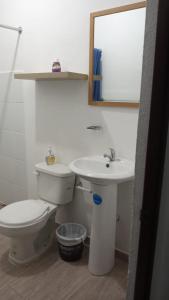 La salle de bains est pourvue de toilettes, d'un lavabo et d'un miroir. dans l'établissement Apartamentos Mundo Maya Habitaciones, à Flores
